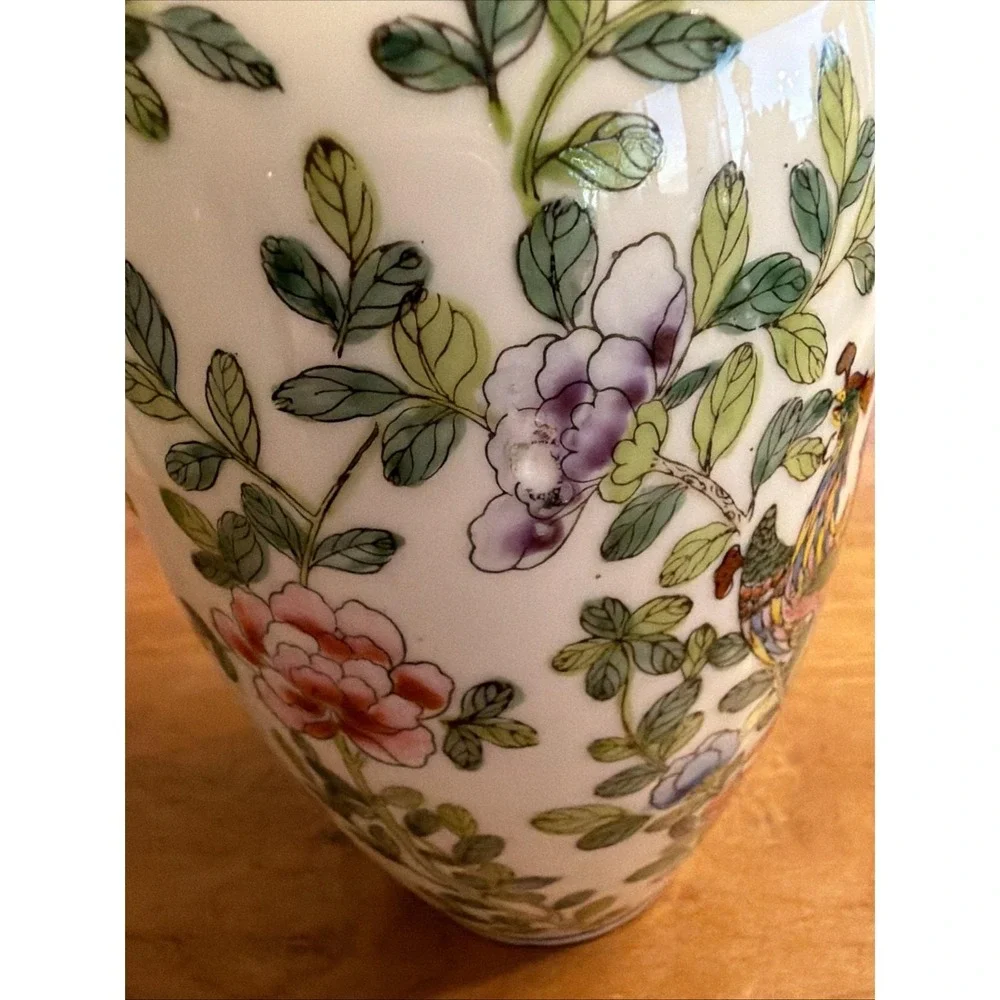 Chinese Hand‎ Painted Porcelain Vase Phoenix & Peony Motif 8.5
